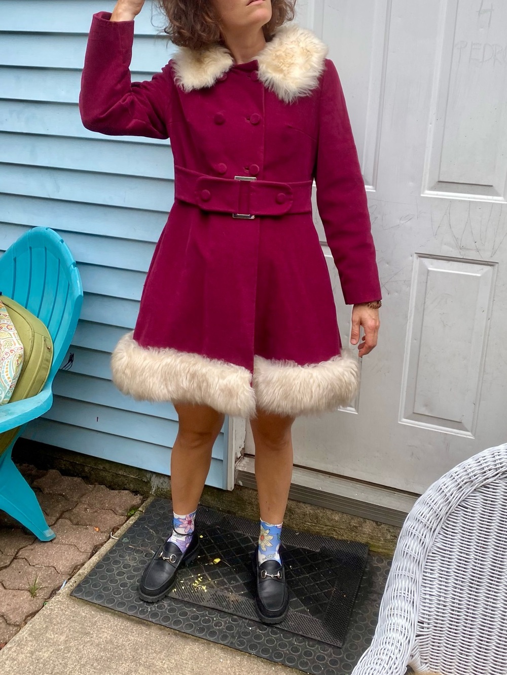 Vintage 70s Country Pacer groovy belted velvet burgundy pea coat faux fur trim